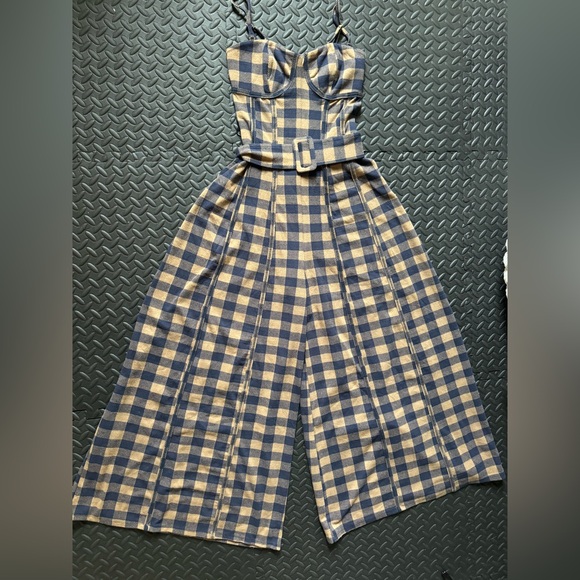 Free People Strapless Plaid Belted Jumpsuit in Navy and Tan - Picture 10 of 15